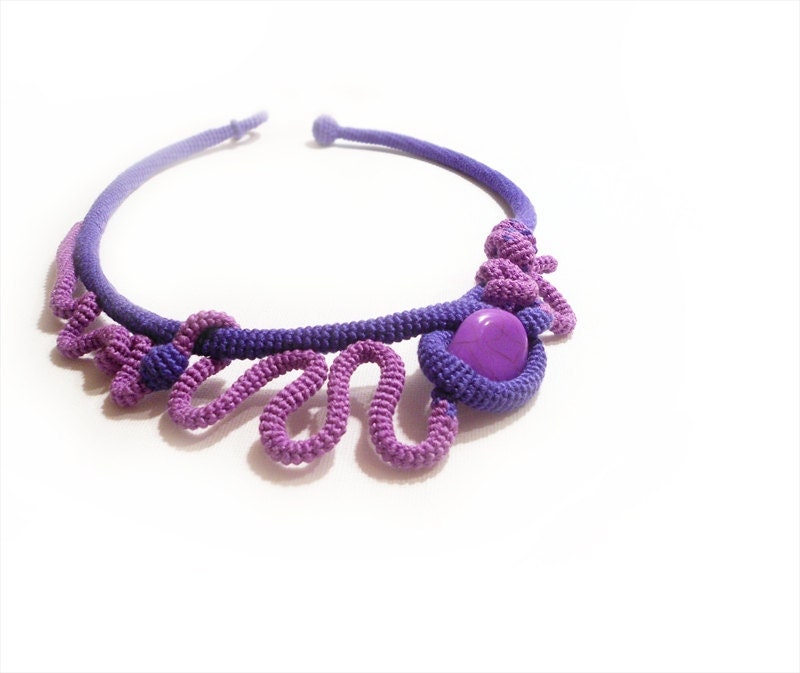 Sculptural Necklace, Free Form, Crochet Tube, African Violet, Vibrant Purple, OOAK Summer Fashion Jewelry
