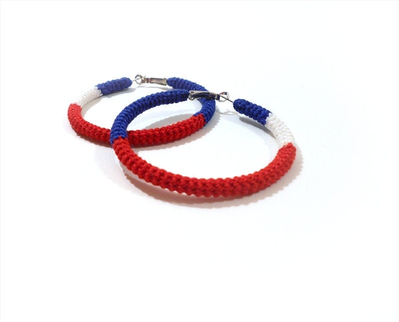 Crochet Tube Hoop Earrings, Red White Blue, Patriotic Flag Earrings