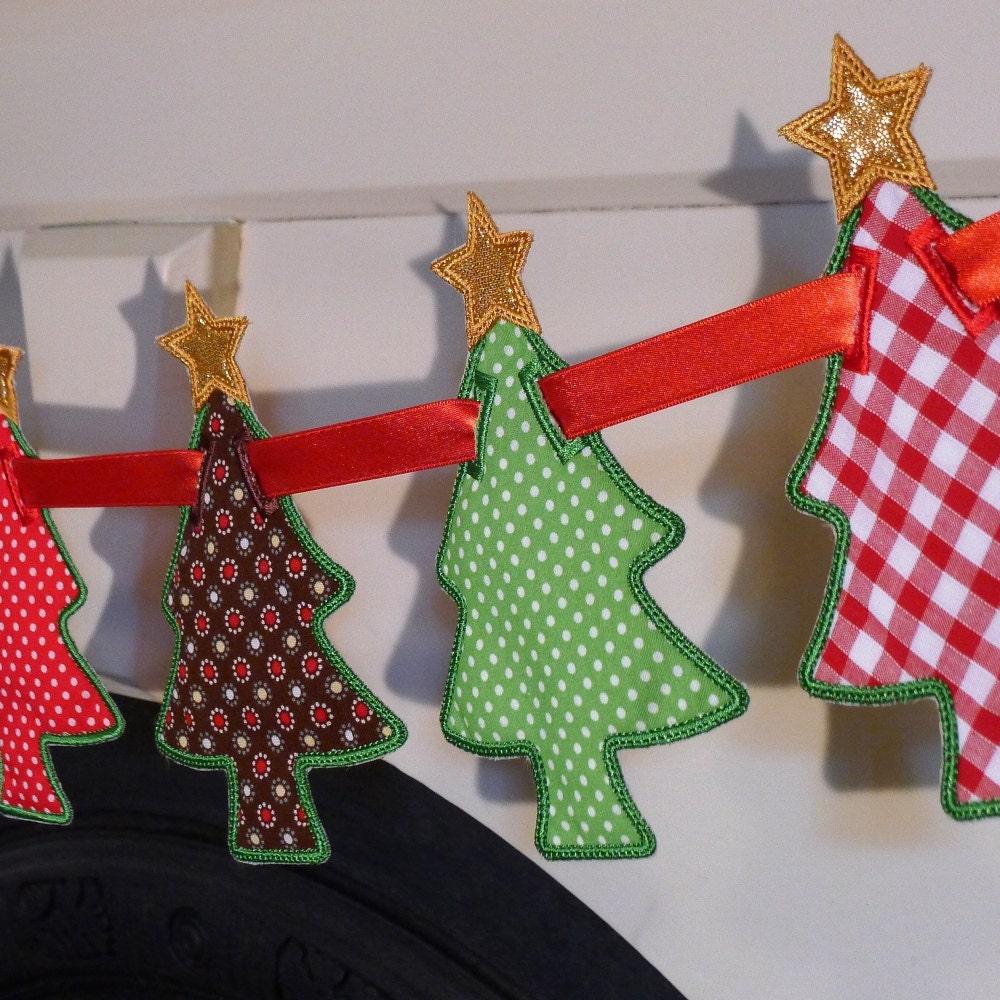 Christmas Tree Banner In The Hoop Project Machine Embroidery Designs Applique Patterns all done In-The-Hoop in 5 sizes 5", 6", 7", 8" and 9"