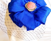 The RUBY - blue headpiece, blue fascinator, blue hat, black veiling, black birdcage
