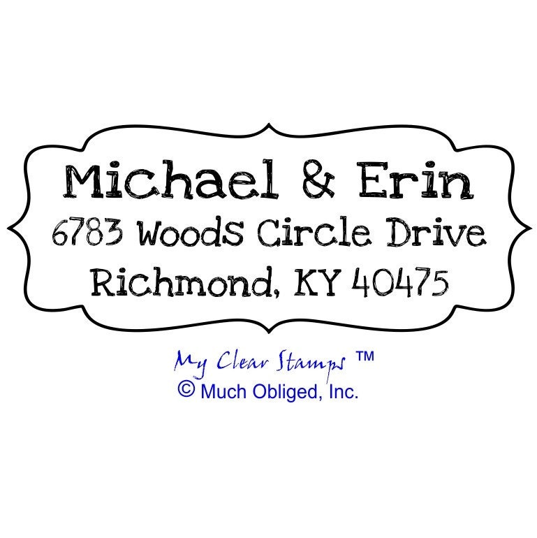 Custom Personalized Return Address Stamp featuring and fun & whimisical font - 20335 - mounted with handle 2 1/2 x 1