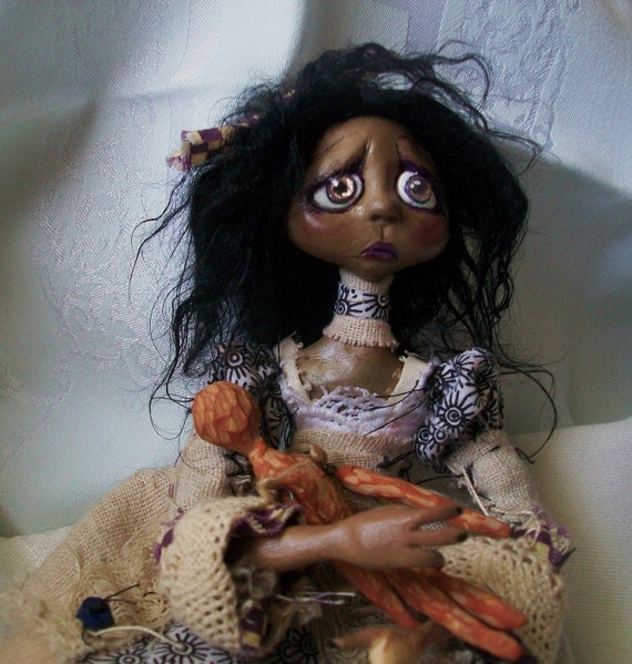 Creole Girl OOAK Art Doll, Gertrude with hand carved doll, Vitiglio, Sad 1813, New Orleans African American Girl