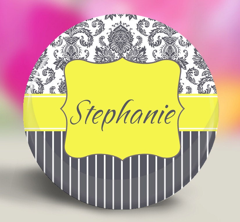 Wedding Favor Custom Pocket Mirror - Striped Damask in Yellow and Gray
