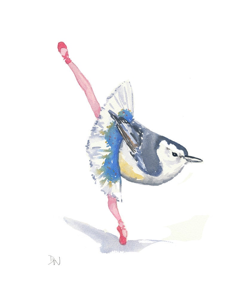 Bird Painting Watercolor - Ballet Bird, Bird Painting, Nuthatch, Tutu, Nursery Art, 8x10