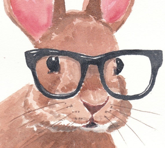 Original Rabbit Watercolor - Bunny Painting, Eye Glasses, 8x10