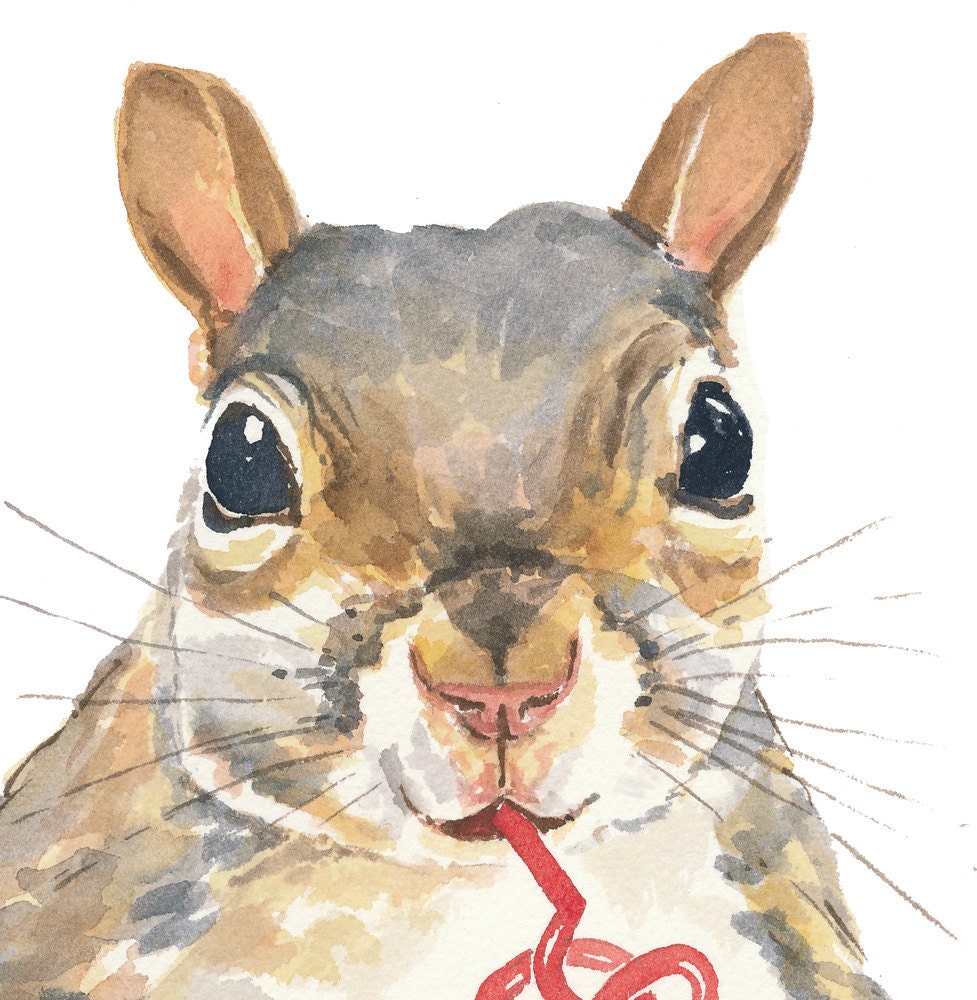 Original Squirrel Watercolor - Squirrel Painting, Coffee, Bendy Straw, Animal Art, Humor, 8x10