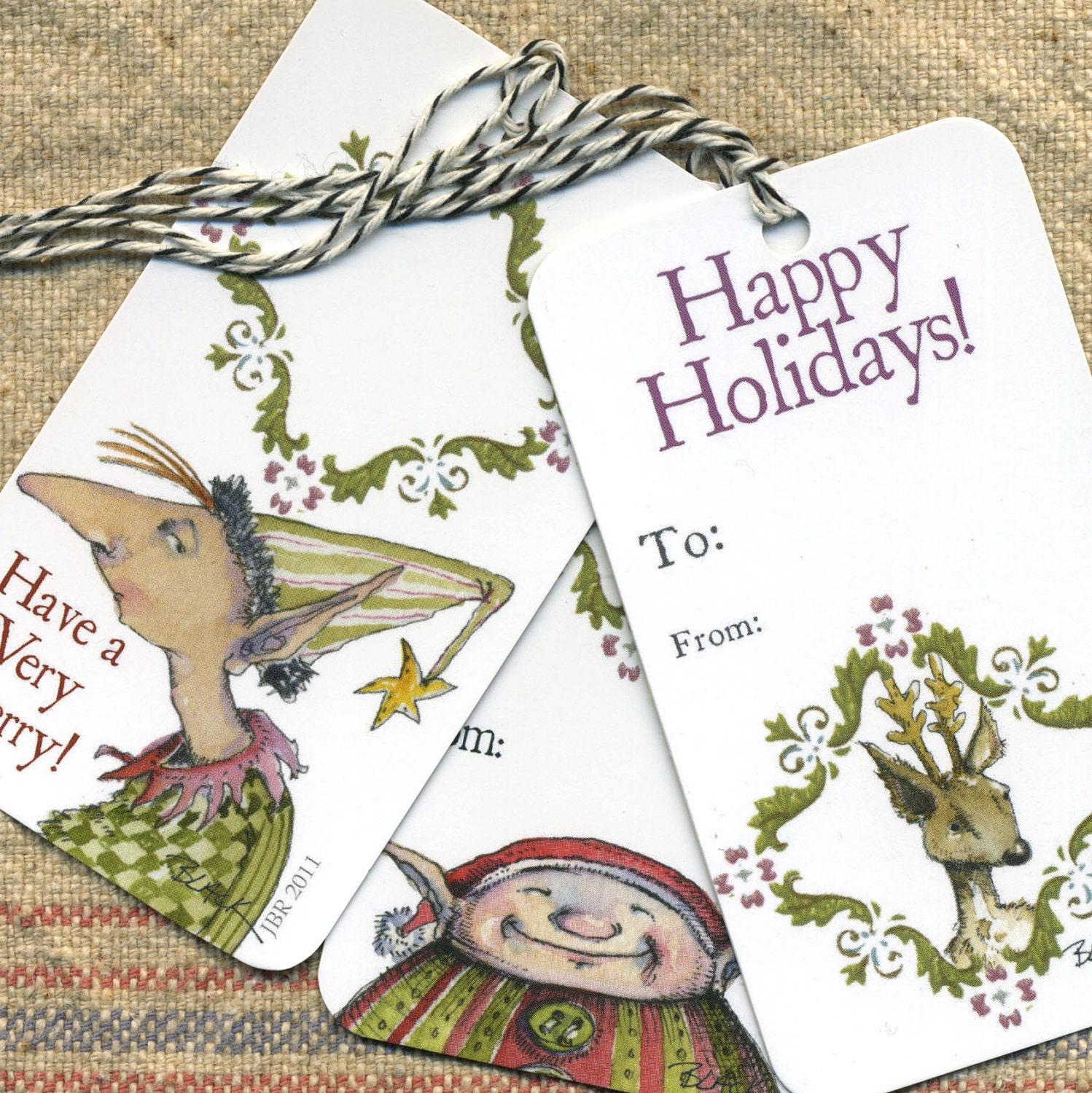 Be An Elf Tags--- Set of Six Whimsical Holiday Illustration Gift Tags