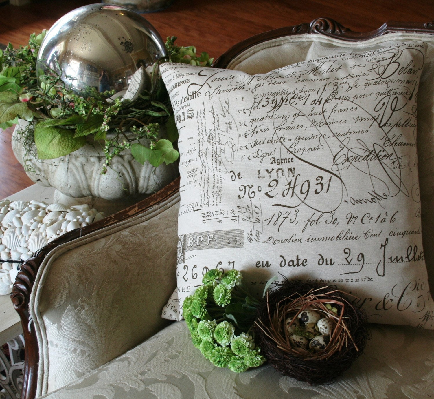 Pillow Cover French Script Canvas  and burlap  Pillow Slip by gathered comforts