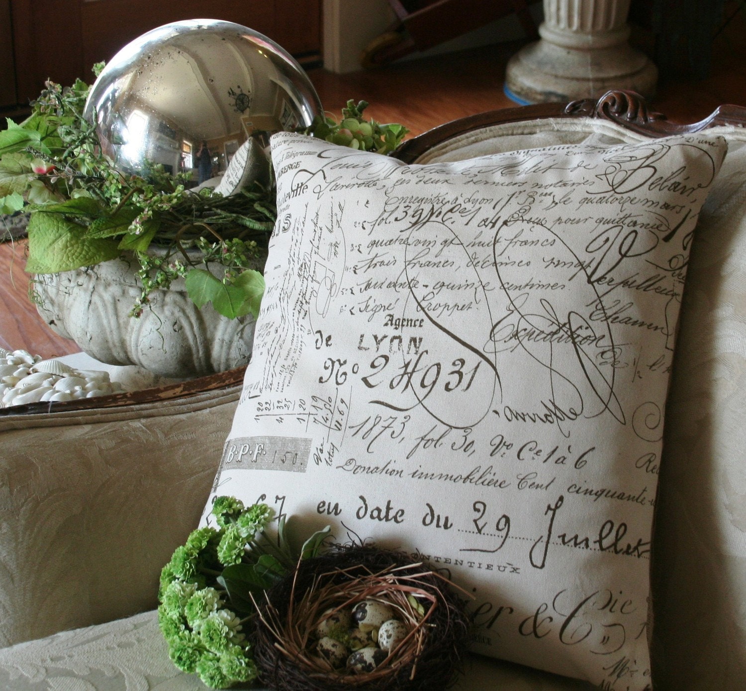 Pillow Cover French Script Canvas  and burlap  Pillow Slip by gathered comforts