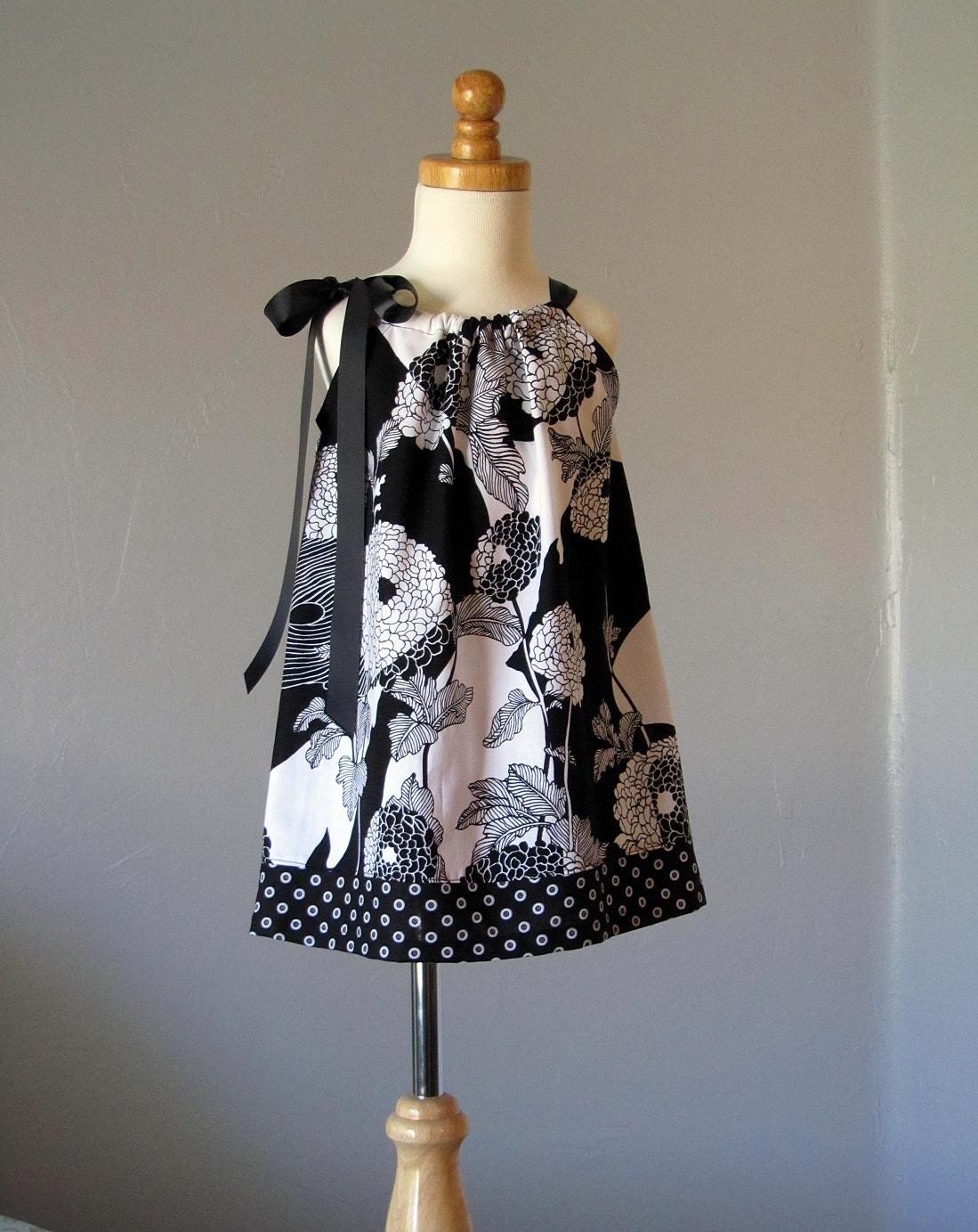 Girls Pillowcase Dress - Black and White Dahlia - Pillowcase Dress - Sizes 18 Months, 2T, 3T, 4T, 5, 6, 8, or 10