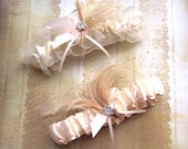 Ivory Garter Set - Satin ivory garter set with cream and ivory feathers and rhinestone jewel, wedding garters
