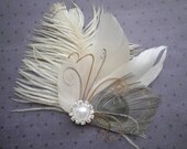 Feather Hair Accessories, wedding accessory, grey, bridal feather hair clip, peacock, ivory, gray - GRAY & IVORY Beauty