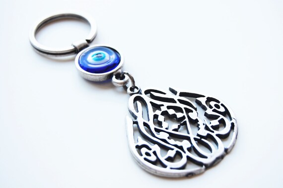 Mevlana Tulip Calligraphy Key Chain Handmade Evil Eye Silver Plated