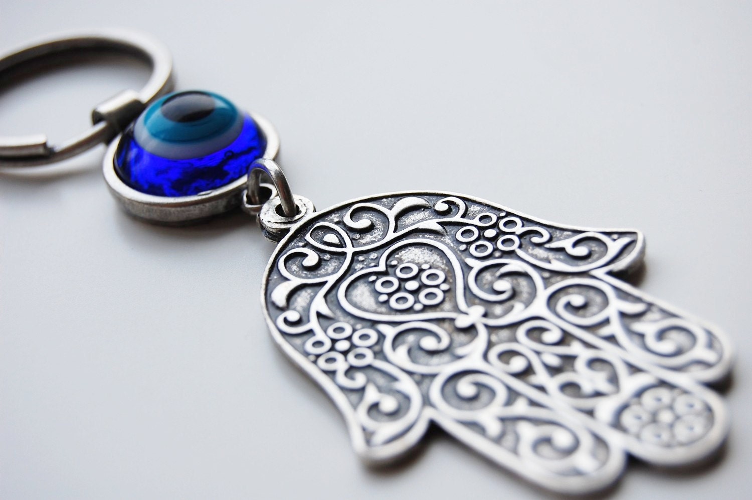 Hamsa Hand Key Chain Handmade Evil Eye Silver Plated