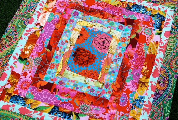 STUNNING blues, reds, pink -Kaffe Fassett. COUTURE Baby Blanket, Amazing craftsmanship and details, Minky fleece on back 30x34 QUILTED.