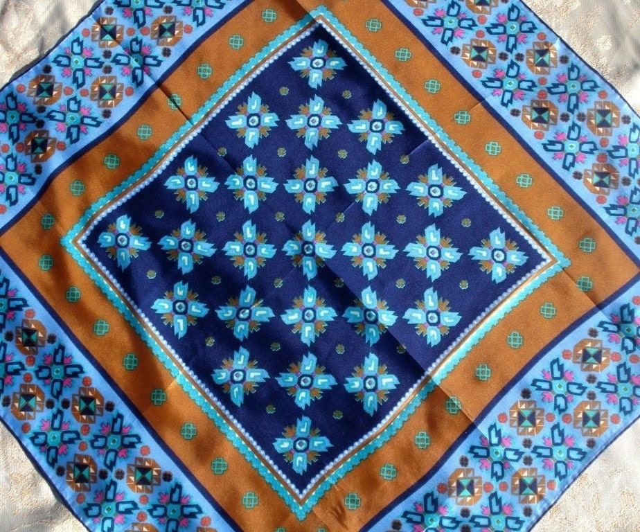 Vintage Pure Silk Scarf Sash Blue Copper & Pink Floral Print - 29" x 29" - 1940
