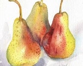 Three blushing pears- watercolour original painting. size 8in x 6in  20cm x 15cm