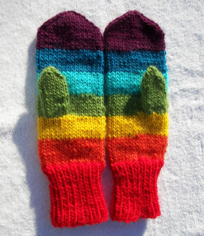 Hand Knit MITTENS Rainbow Peruvian Wool Super SOFT Warm