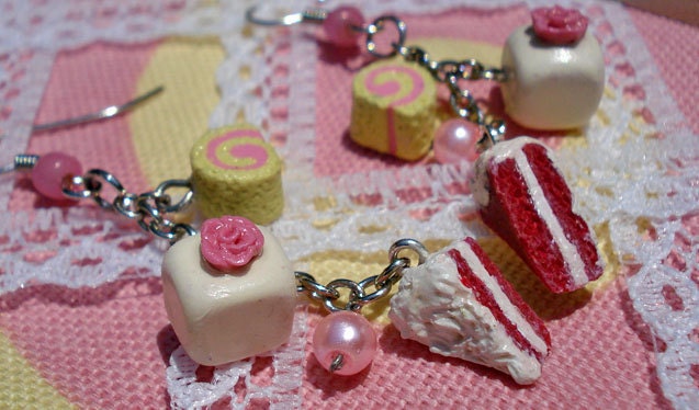 Red Velvet & Creme Earrings - Tiny Tea Party Dessert Collection - Cake, Petite Four, and Jelly roll