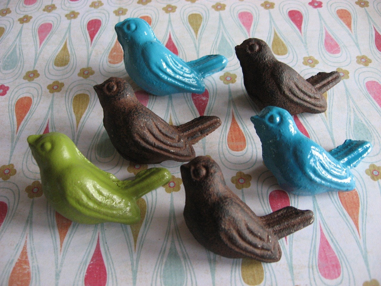 Set of 4 Bird Knobs in Caribbean Colors for your Dresser or Cabinet Drawers Custom Finish Available