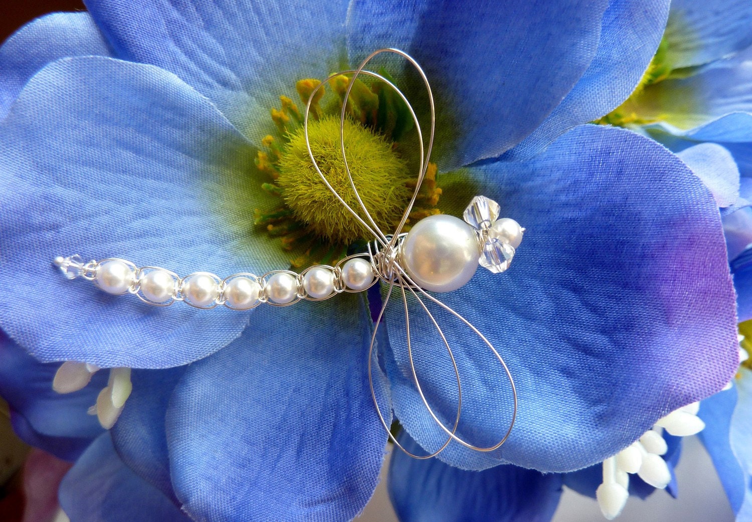 White Swarovski Pearl Dragonfly Hair Pin, Brooch or Bouquet decoration - Tagt