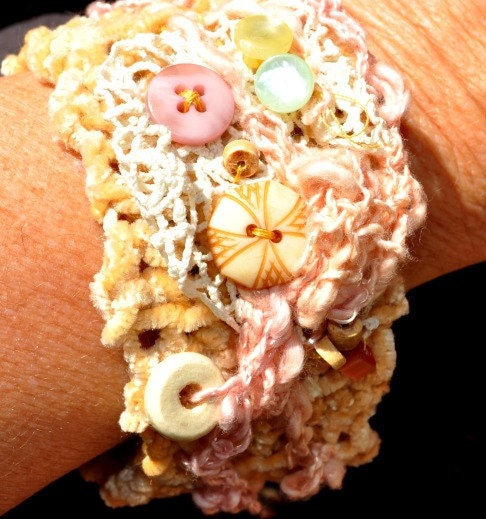 Crocheted SteampunkPastel Cuff, Custom,Soft color feminine,Fairy Fashion,  Girlfriend Gift, wristlet, crocheted bracelet, Embellished Cuff