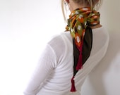 SALE  Tassel Scarf, Neck Scarf, Spring Scarf, Fashion Accessories, Satin Scarf - Green Orange Geometric Vintage Retro Fabric, Jersey