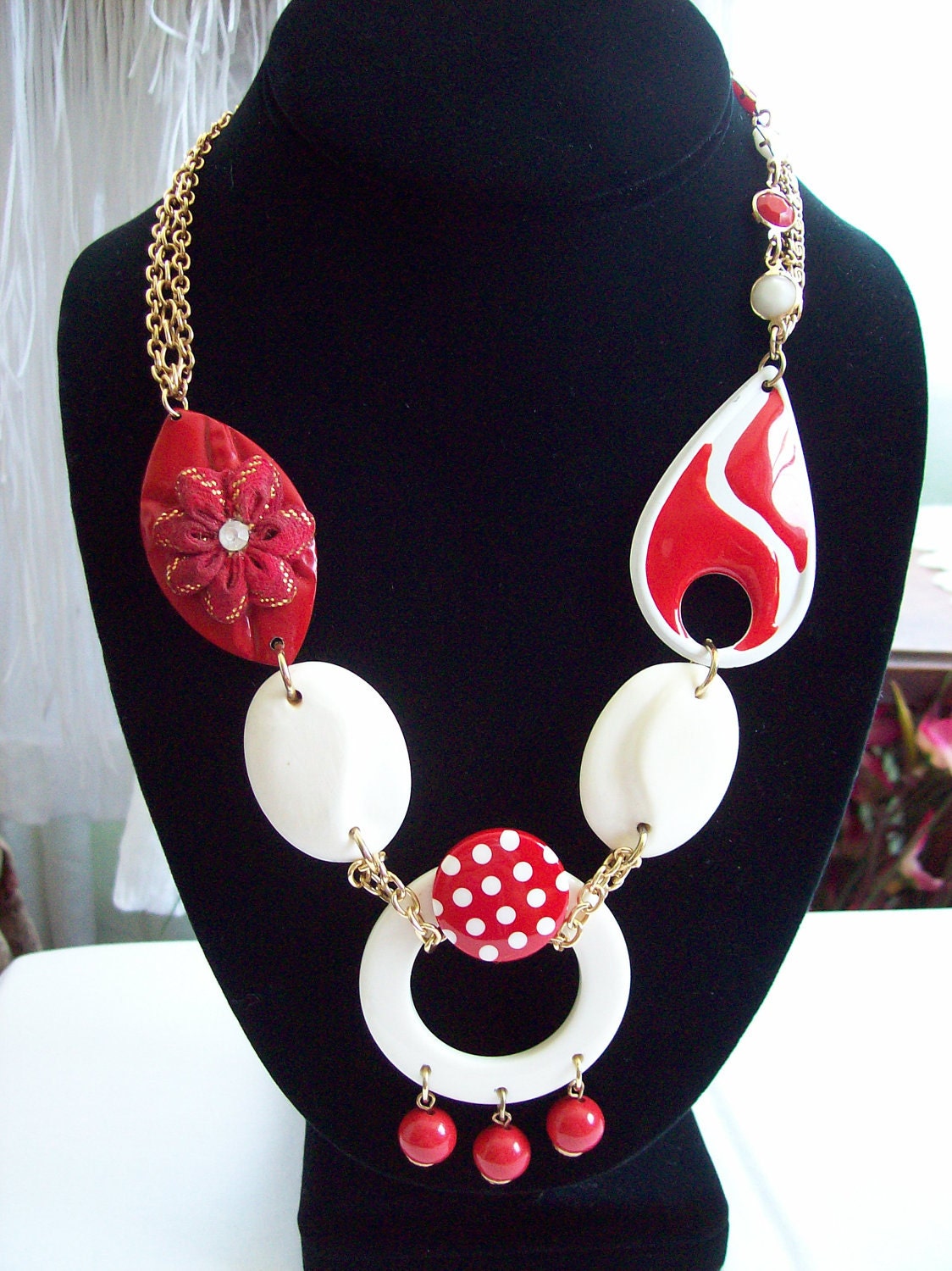 Handmade Vintage Assemblage Statement Necklace Repurposed Recycled 1980s 1970s Jewelry Colorful Red Creamy White OOAK Enamel Plastic Metal