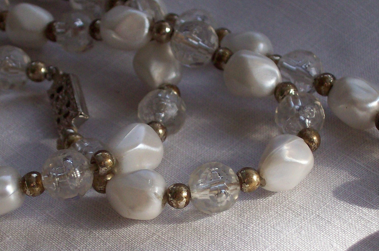 Vintage Opera Length 58" Pearl Lucite Plastic Clear Faceted Crackle Bead Necklace