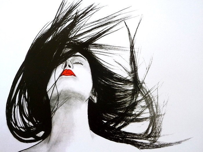 Dream on her hair - (A3) 12" X 17"  and White, Wall Art, Home Decor, for her, for kids, Fashion Illustration Modern Art ,drawing