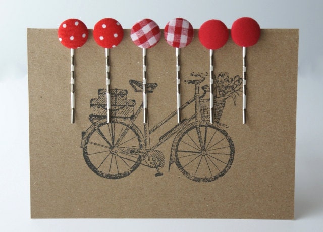 Picnic Party in Red - Set of 6 Fabric Covered Bobby Pins