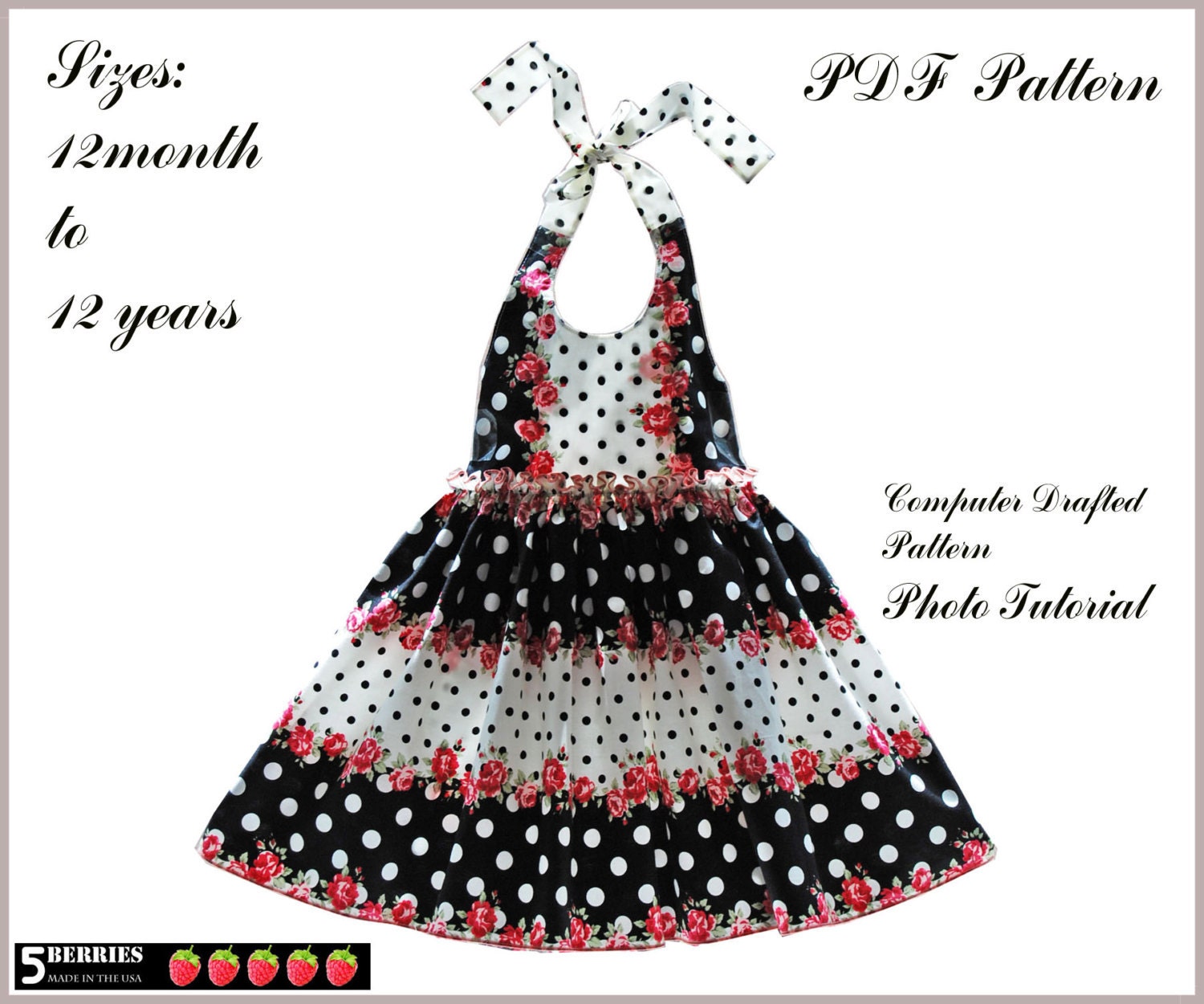 2 Patterns in One, Madison Girls Dress PATTERN, PDF Sewing Patterns for Children, Halter Dress Pattern, Baby, Toddler, 5 Berries