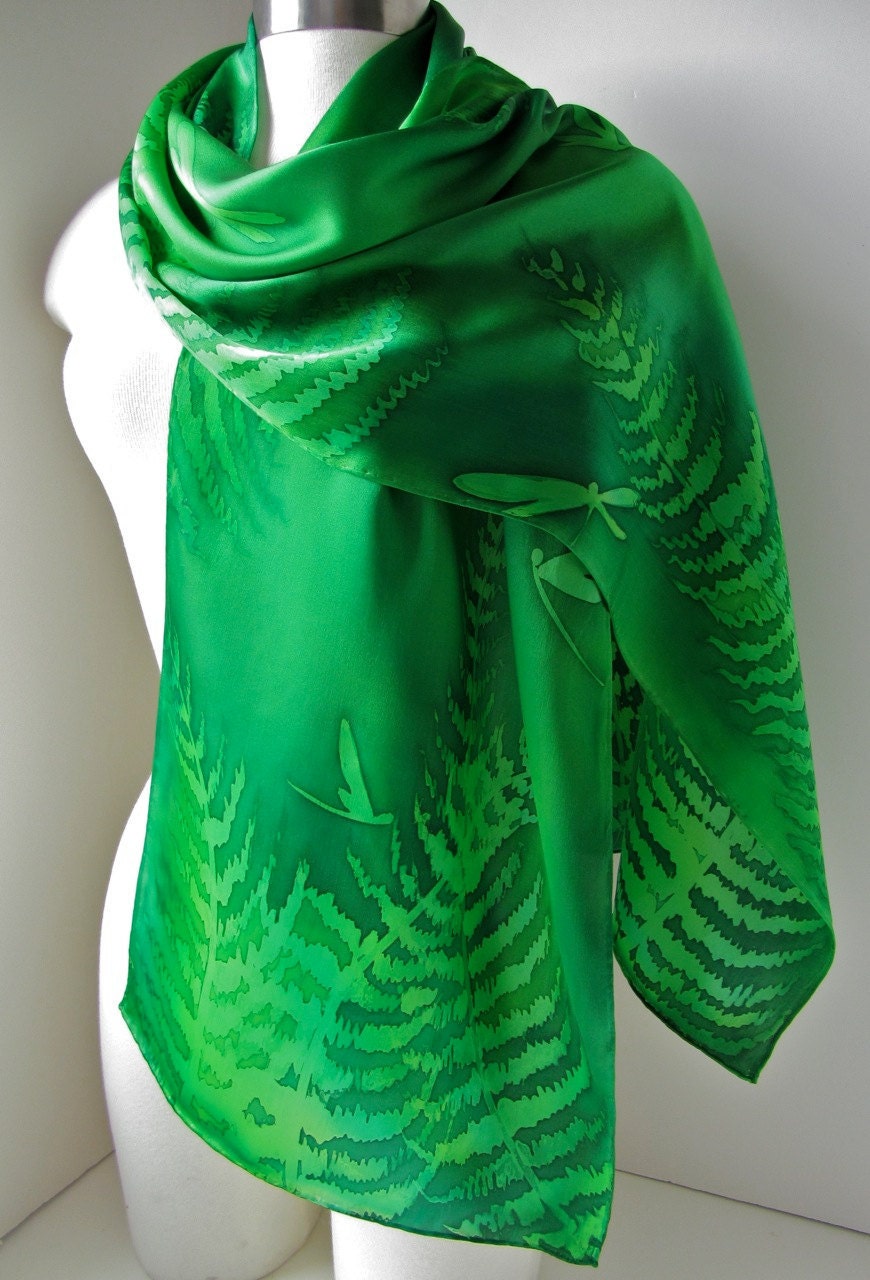 Silk Scarf, Hand Painted - Dragonflies and Ferns in Peridot and Emerald - Gifts for Her- MADE TO ORDER