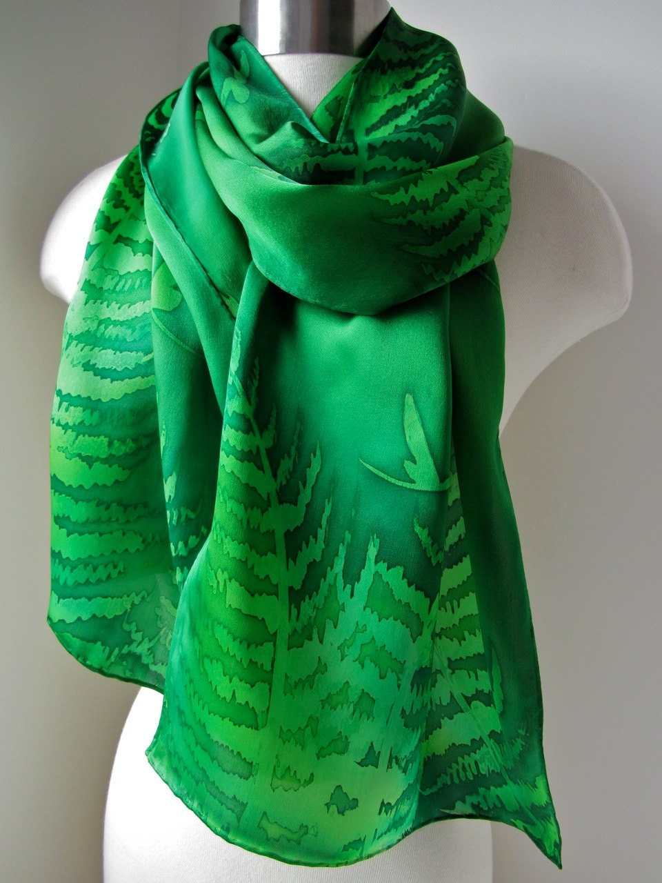 Silk Scarf, Hand Painted - Dragonflies and Ferns in Peridot and Emerald - Gifts for Her- MADE TO ORDER