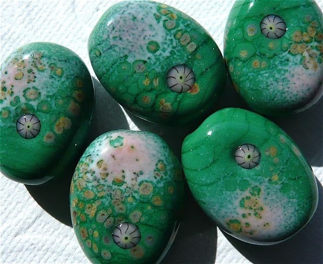 Green and Pink Enamel Frit Glass Beads SRA