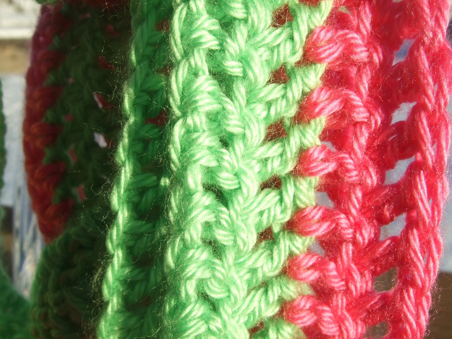Lime green and hot pink long skinny crochet scarf