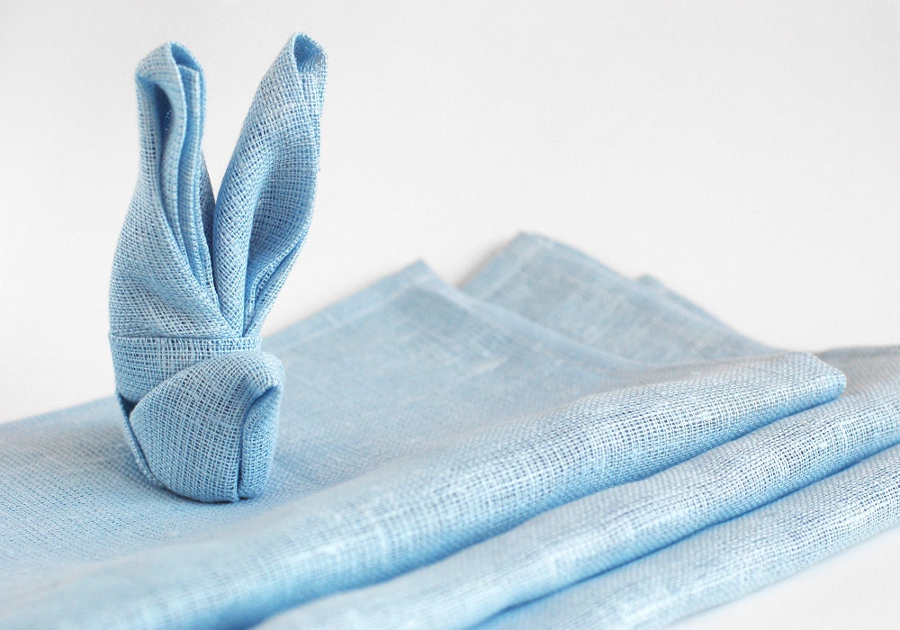 Natural linen napkins in Sky blue. Winter table decor.