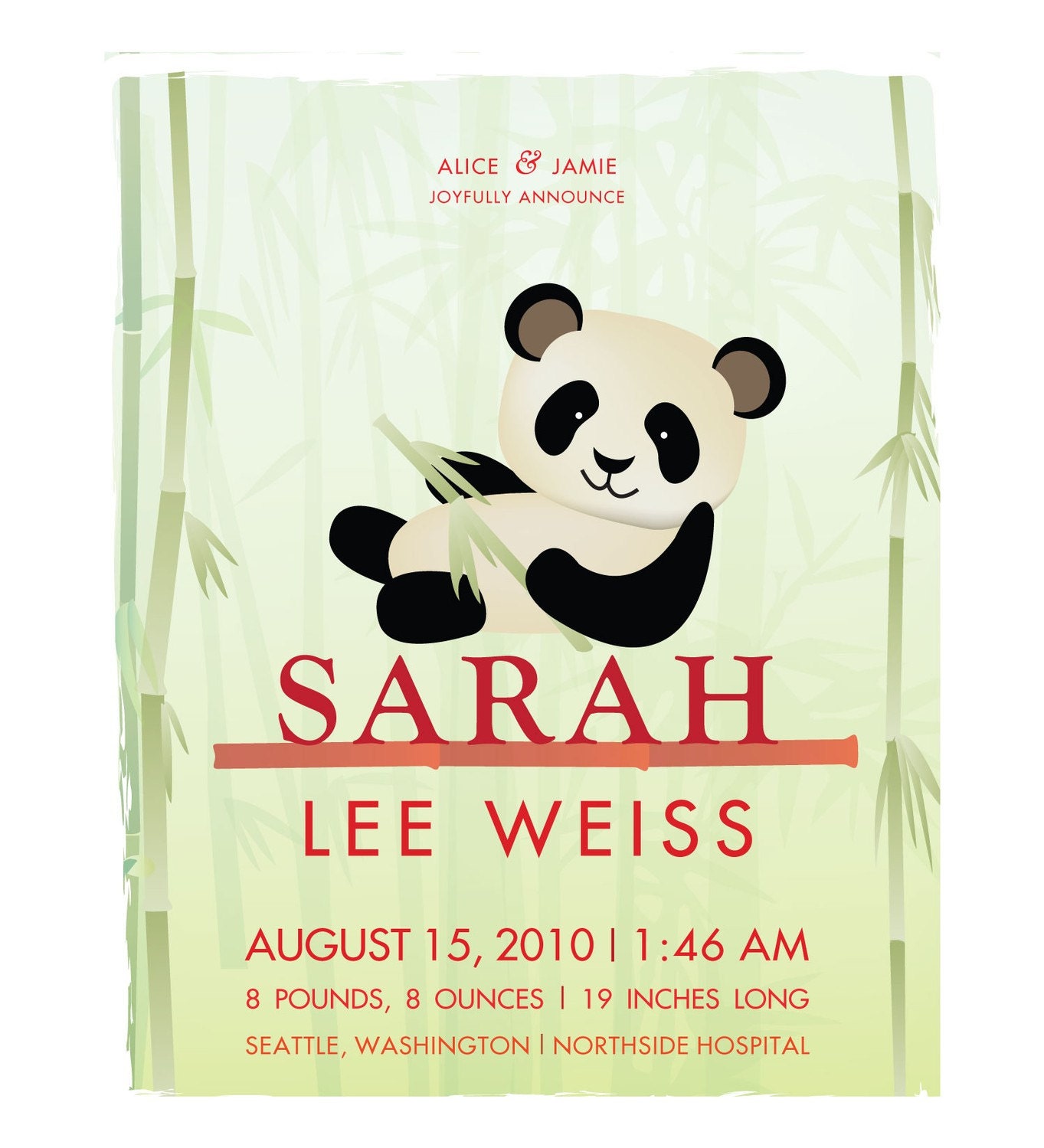 Custom Birth Print - Baby Panda - 8"x10"