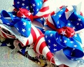4th Fourth of July Boutique Style Piggytail Hair Bows Red Stripes Blue and White Stars Silver Ric Rac