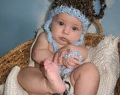 Boo Boo Bear Handknit Beanie Hat in a Rocky Mountain Color with Sky Blue Trim and Ears, Size Newborn, Photo Prop