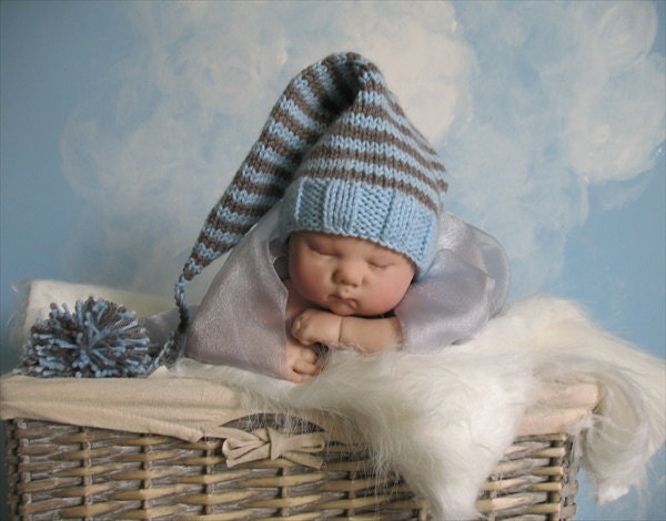 Newborn Elf, Pixie Hand Knit Striped Hat in Soft Blue and Greybeard with a Crochet Tail with Large Pom Pom, Photo Prop, IN STOCK
