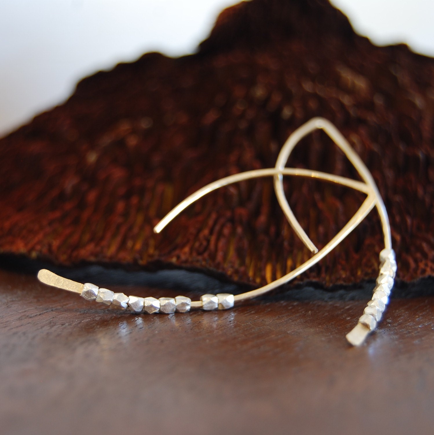 Small Gold Crescent Earrings with Sterling Silver Beads