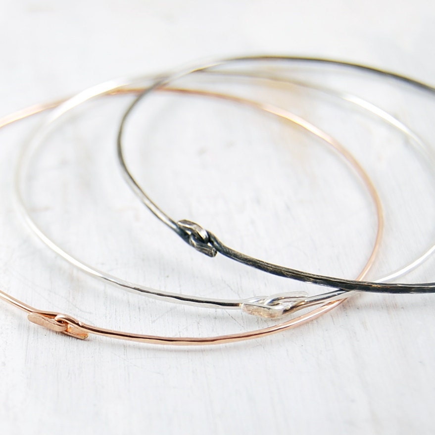 14k Gold and Silver Bangles, Set of Three, Rose Gold, Oxidized Silver & Sterling Silver