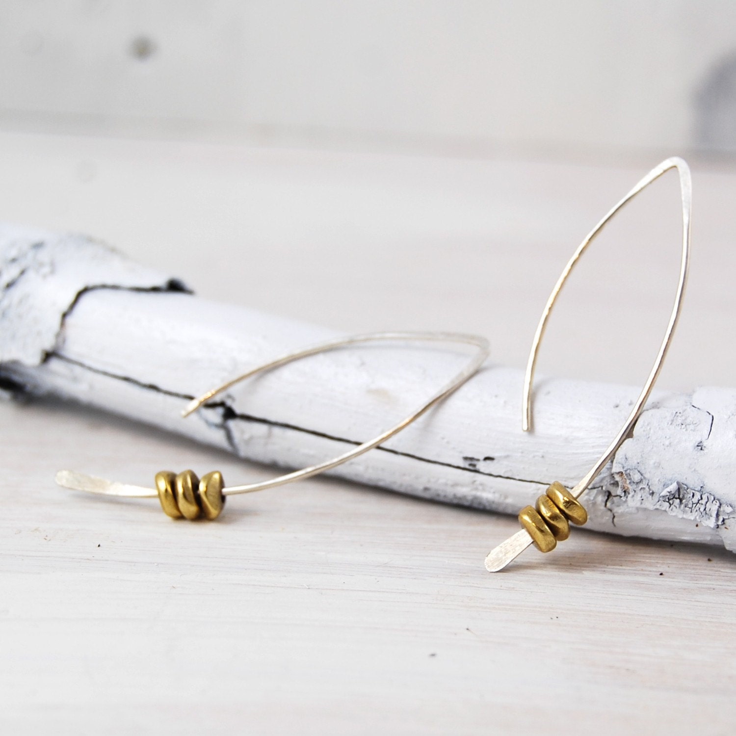 Small Sterling Silver Crescent Earrings With Brass Nuggets