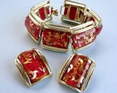 Vintage Red Confetti Lucite Bracelet & Earrings Demi Parure Set