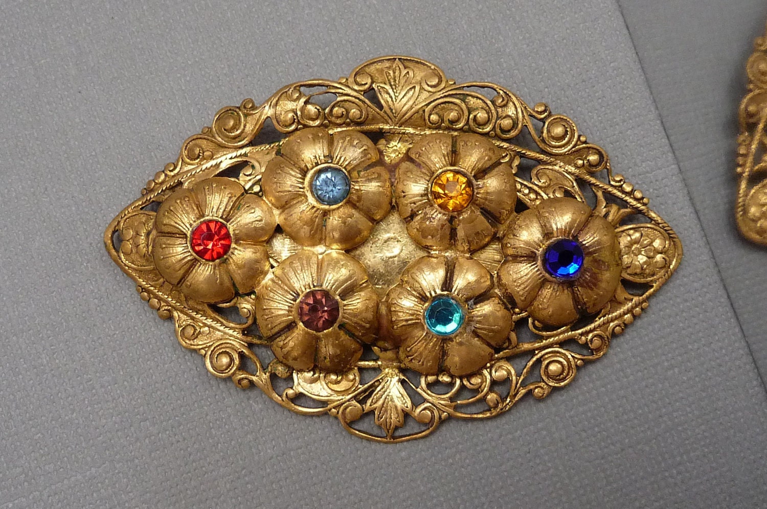Art Nouveau Oval Brooch with Multi Colored Rhinestones