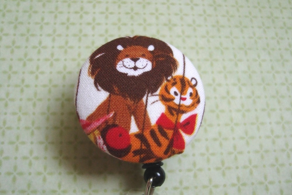 Retro Zoo Lion in Michael Miller Fabric Covered Badge Reel, ID Holder OR Keychain