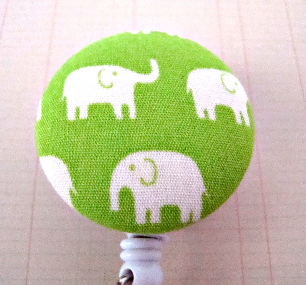 Imported Fabric-Green and White Elephant Fabric Covered Badge Reel, ID Holder OR Keychain