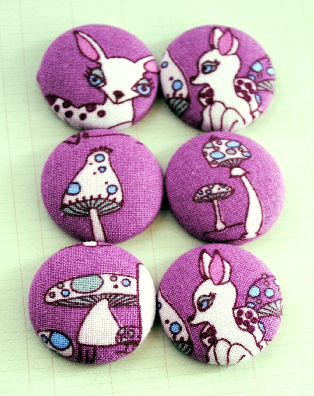 Purple Mushrooms and Woodland Fabric Covered Buttons Size 45--Set of 6 - badgereels
