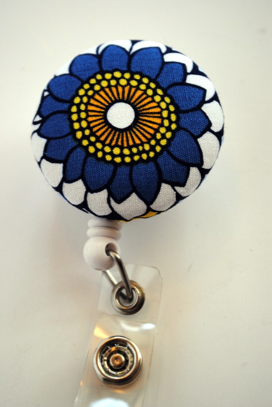 Blue and Yellow Mum Flower Fabric Covered Badge Reel, ID Holder OR Keychain